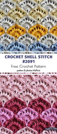 the crochet shell stitch pattern is shown in two different colors and has been made with