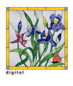 a stained glass window with blue and purple flowers