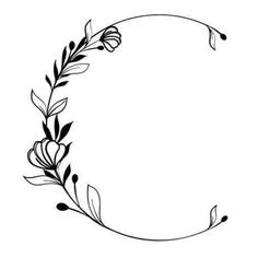 a black and white drawing of a circle with flowers on the side, surrounded by leaves