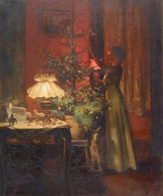 a painting of a woman standing next to a christmas tree in a room with red walls