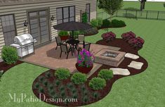 a small backyard with an outdoor kitchen and grill