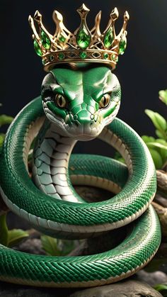 a green snake with a crown on its head and it's coiled around the neck