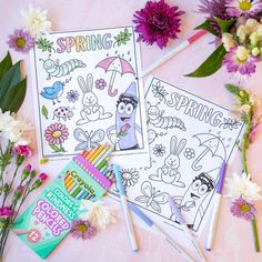 spring coloring pages and flowers on a pink background