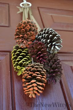 a bunch of pine cones hanging from a door