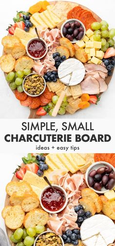 a cheese board with different types of food on it and the words simple, small charcute