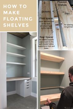 how to make floating shelves in a closet with pictures and instructions on the bottom shelf