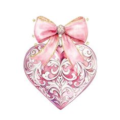 a watercolor painting of a pink heart with a bow