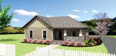 this is an artist's rendering of the front elevation of a small house plan