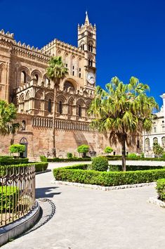 an old building with a clock tower and palm trees in the foreground on a sunny day