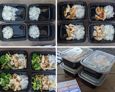 there are four different pictures of food in plastic trays on the table and one has rice, broccoli, and chicken