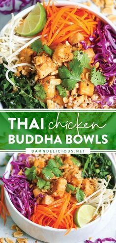 THAI CHICKEN BUDDHA BOWLS Nutritious Bowls, Chicken Buddha Bowls, Simple Peanut Sauce, Chicken Buddha Bowl, Bowls Healthy, Buddha Bowls Recipe, Buddha Bowls