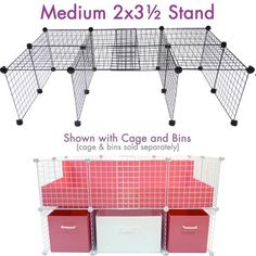 the cage and bins are shown with measurements