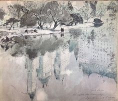 a drawing of people walking in the snow by a lake with trees and buildings on it