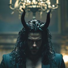 a man with long hair and horns standing in front of a chandelier