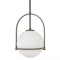 a light fixture with a white glass ball hanging from it's center point on an iron frame