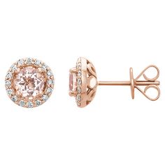 A halo of twinkling diamonds surrounds a faceted morganite in this enchanting pair of 14k rose gold earrings. They are finished with a friction-back post and measure approximately 8.75mm (3/8 inch) in diameter. The 5mm genuine morganite stones have a combined weight of 0.86 carats. The thirty-two round diamonds are 1.15mm in size, I1 in clarity and G-I in color with a total weight of 1/5 carat. The color range varies on all natural stones so please allow for slight variations in shades. Gemstone Diamond Halo Earrings, Morganite Jewelry, Morganite Earrings, Halo Diamond Earrings, Black Gold Jewelry, Sapphire Earrings Studs, Rose Gold Morganite, Morganite Diamond, Halo Earrings