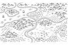 a black and white drawing of a map with mountains, roads, and houses on it