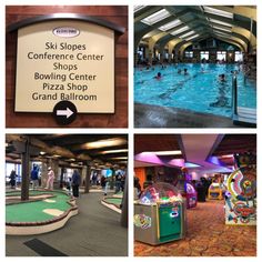 the indoor swimming pool is full of people and has a sign that says ski slopes conference center shops bowling center pizza shop grand ballroom