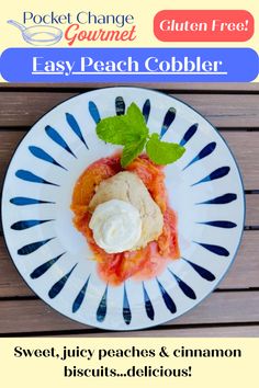 a white plate topped with fruit and ice cream on top of a wooden table next to a