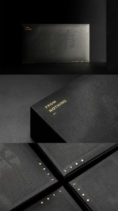 the front and back cover of a black book with gold lettering on it, in three different views