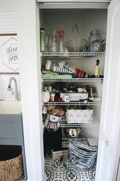 the pantry is stocked with all kinds of items and things to put in it's bins