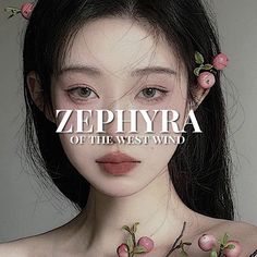 a woman with flowers in her hair and the words zephiyra on it's chest