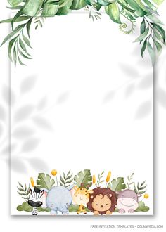 an animal themed border with leaves and flowers