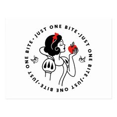 snow white with an apple in her hand and the words, one life just one bite