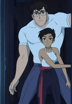 an animated image of a man and woman standing in front of a door with their arms around each other