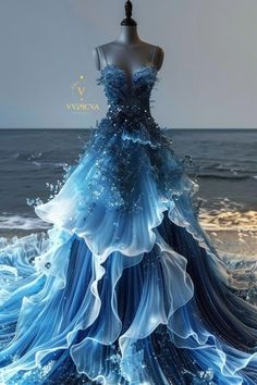 Dress Inspired By Water, Dresses Inspired By Water, Sea Dress Fashion, Water Dress Aesthetic, Water Aesthetic Outfit, Water Outfit Ideas, Water Dress Drawing, Sea Inspired Dress, Sea Wedding Dress