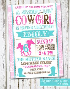 a pink and blue cowgirl birthday party card with the word cowgirl on it