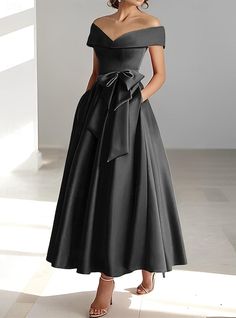 A-Linien-Kleid für Hochzeitsgäste, elegantes Kleid, halbformelles Kleid, wadenlang, kurze Ärmel, schulterfrei, Tasche, Satin mit Schleife(n), 2024 2024 - $118.99 Cocktail Dress Elegant, Dresses With Pockets, Bride Dresses, Tea Length, Kentucky Derby, Mother Of The Bride Dresses, Elegant Dress, Guest Dresses, Bride Dress