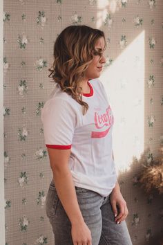 White and red ringer style tee with Coca Cola logo Coca Cola Logo, Tee Outfits, Graphic Tee Outfits, T Shirts Women, Ringer Tee, Boutique Brands, White And Red, Fashion Tees, Coca Cola