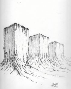 a pencil drawing of three tall rocks in the ocean with waves coming up from them