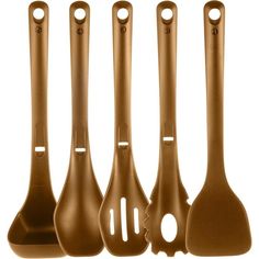 four brown kitchen utensils lined up in a row