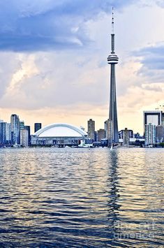 the city skyline is reflected in the water