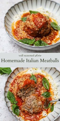 two plates filled with meatballs covered in sauce and garnished with basil leaves