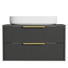 a black and gold dresser with a white bowl on it's top, against a white background