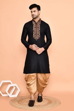 Black kurta with rose motif embroidered neck and placket. Paired with patiyala. - Aza Fashions Traditional Sherwani With Embroidered Border For Navratri, Black Traditional Wear With Embroidered Border For Ceremonial Occasion, Black Kurta With Embroidered Border In Traditional Drape, Traditional Black Sherwani With Floral Embroidery, Black Kurta With Embroidered Border And Traditional Drape, Black Kurta With Embroidered Border, Black Embroidered Jamawar Kurta, Black Kurta, Rose Motif