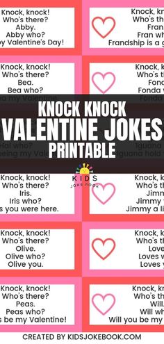 valentine's day printables with the words knock knock, valentine jokes and hearts