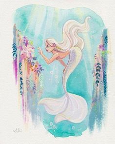 a watercolor painting of a mermaid with long white hair and flowers on her head