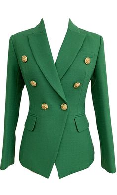 Perfect for wearing in the office or out on the town, this vibrant green blazer offers a chic look with timeless appeal. The On Call blazer features a structured silhouette with long sleeves, lapels, a V-neckline, and two rows of gold-tone buttons on the front. It's finished with pocket flaps, a welt pocket on the chest, and little gold buttons at the wrists. Hand wash cold Length approximately 23" 65% cotton / 35% poly Blazer Verde, Elevated Fashion, Army Style, Hemp Clothing, Chic Jeans, Womens Blazer, Green Blazer, Blazer Designs, Fitted Blazer