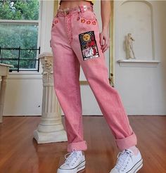 Vintage Pink Women‘s Jeans Pants Mid-Waist · KoKo Fashion · Online Store Powered by Storenvy Egirl Jeans, Jean Rose, Printed Denim Pants, Estilo Indie, Jean Vintage, Jeans Mom, Pink Jeans, Printed Jeans, Cute Jeans