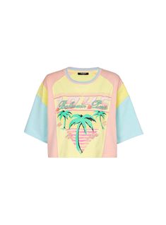 T-shirt with palm tree Balmain Signature print multicolor - Women | BALMAIN Tshirt Graphics, Summer 2025, Polo Sweatshirt, Denim T Shirt, Short Denim, Palm Tree Print, Boot Pumps, Mens Fall, Signature Print