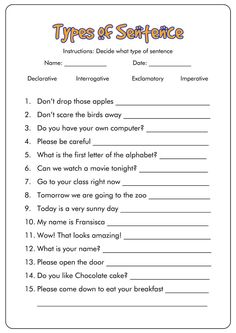 the types of sentence worksheet is shown in this printable version for kids