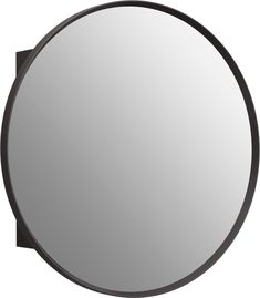 a round mirror with black frame on a white background, it is isolated from the side