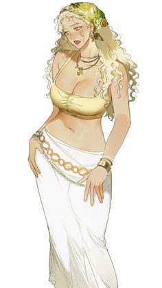 a drawing of a woman with long blonde hair wearing a white skirt and yellow top