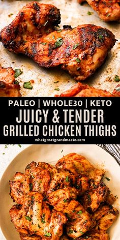 grilled chicken thighs on a plate with text overlay