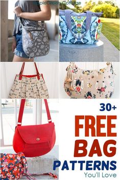 free bag patterns for purses and handbags with the title overlay that reads 30 free bag patterns you'll love