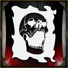 a black and white image of a skull on a red background with an orange border